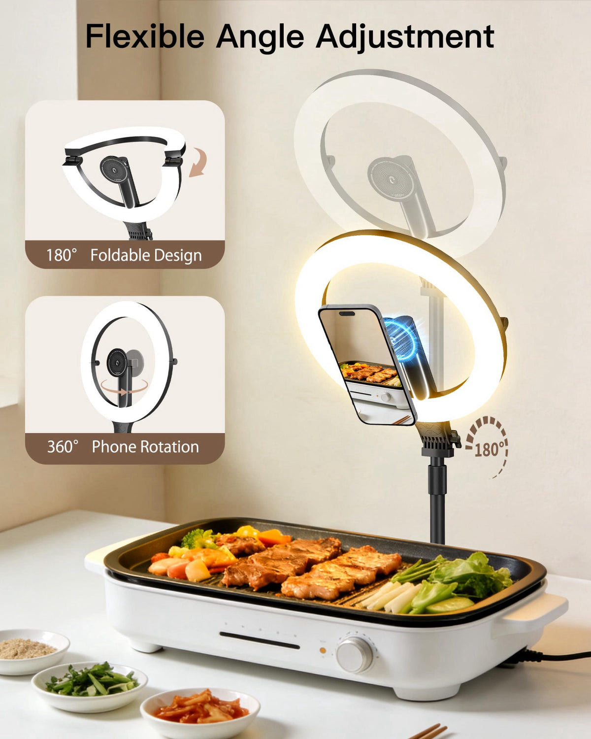 NiceVeedi 10.2” Magnetic Desk Ring Light with Stand, 5000mAh Rechargeable Desktop Ring Light for Phone，3 Color Foldable 