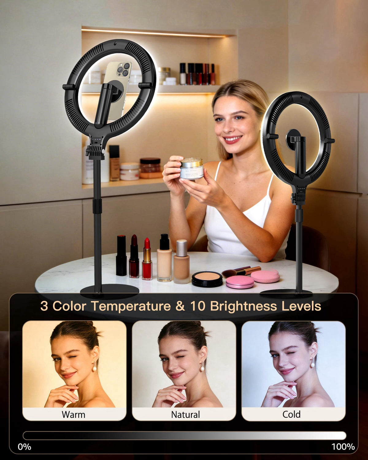 NiceVeedi 10.2” Magnetic Desk Ring Light with Stand, 5000mAh Rechargeable Desktop Ring Light for Phone，3 Color Foldable 