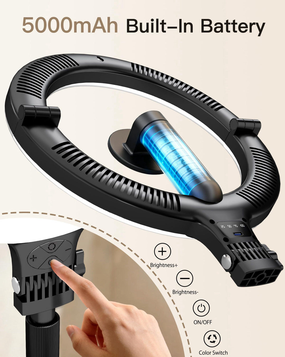 NiceVeedi 10.2” Magnetic Desk Ring Light with Stand, 5000mAh Rechargeable Desktop Ring Light for Phone，3 Color Foldable 