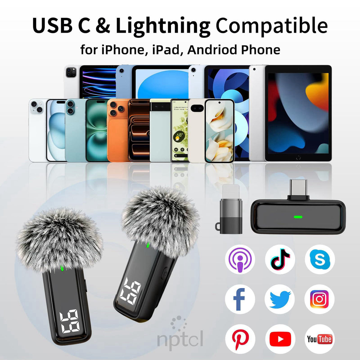 NPTCL Wireless Lavalier Microphone for iPhone iPad Android, Mini USB C Mic – alternate angle