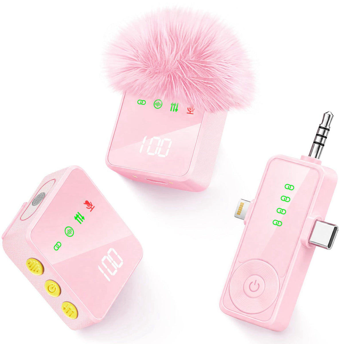 Gicorino 3 in 1 Wireless Lavalier Microphone for iPhone Android Camera-Pink