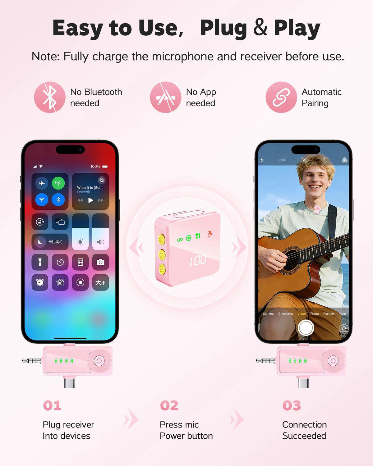 Gicorino 3 in 1 Wireless Lavalier Microphone for iPhone Android Camera-Pink – full view