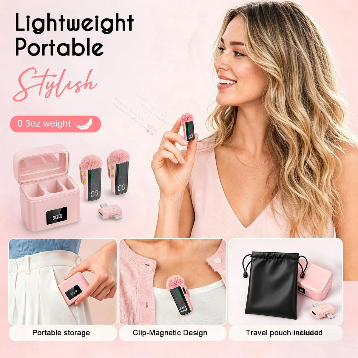 SHUMAVA 2 Mini Wireless Microphones for iPhone/Android, AI Noise Reduction – back view and specifications