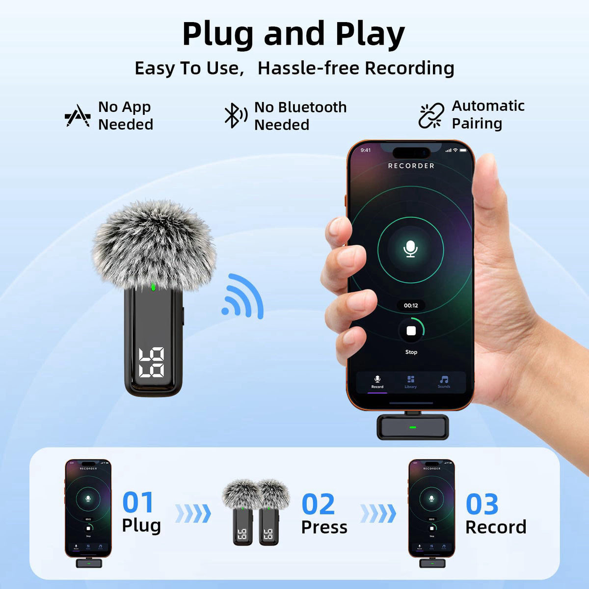 TXTUNE Wireless Microphone for iPhone Android Phone, USB C Mini Clip on Mic – back view and specifications