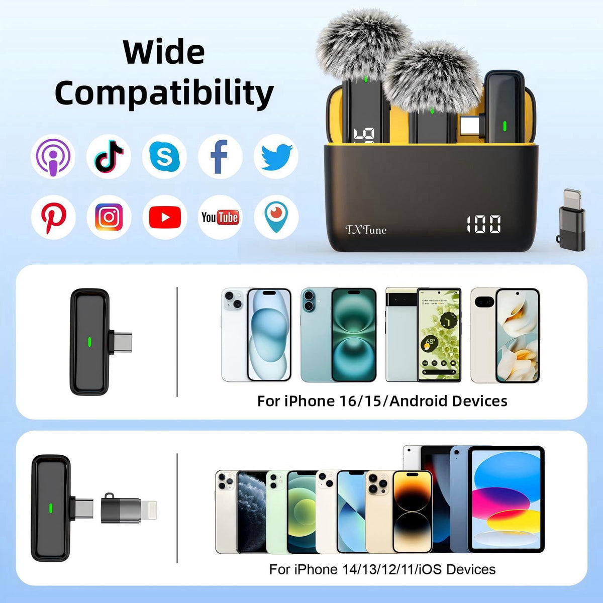 TXTUNE Wireless Microphone for iPhone Android Phone, USB C Mini Clip on Mic – alternate angle