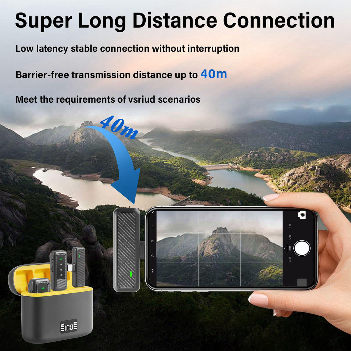 PAKESI Wireless Lavalier Microphone for iPhone Camera Android, M8pro Mic – back view and specifications