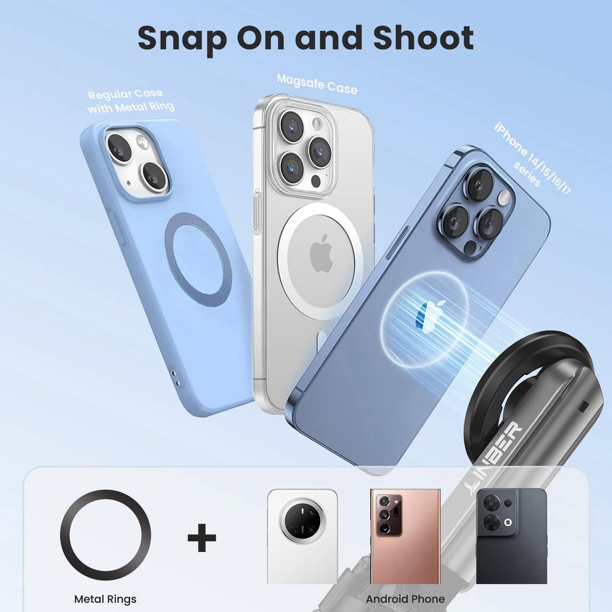 Linber Magnetic Selfie Stick Tripod for iPhone Android, MagSafe, Black – packaging and label