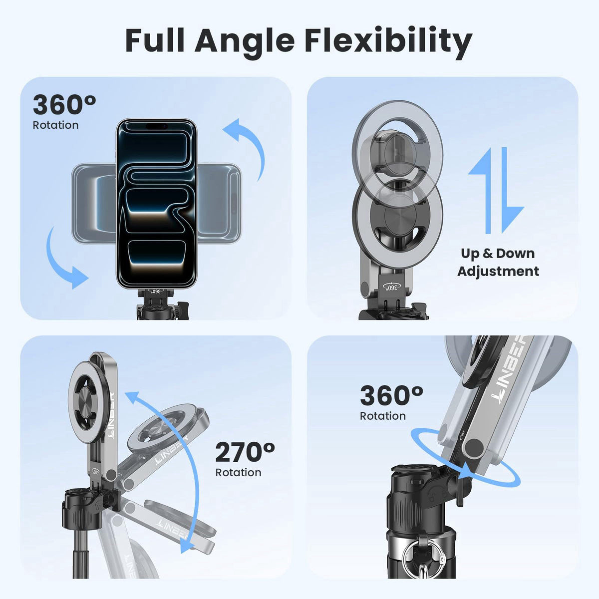 Linber Magnetic Selfie Stick Tripod for iPhone Android, MagSafe, Black – full view