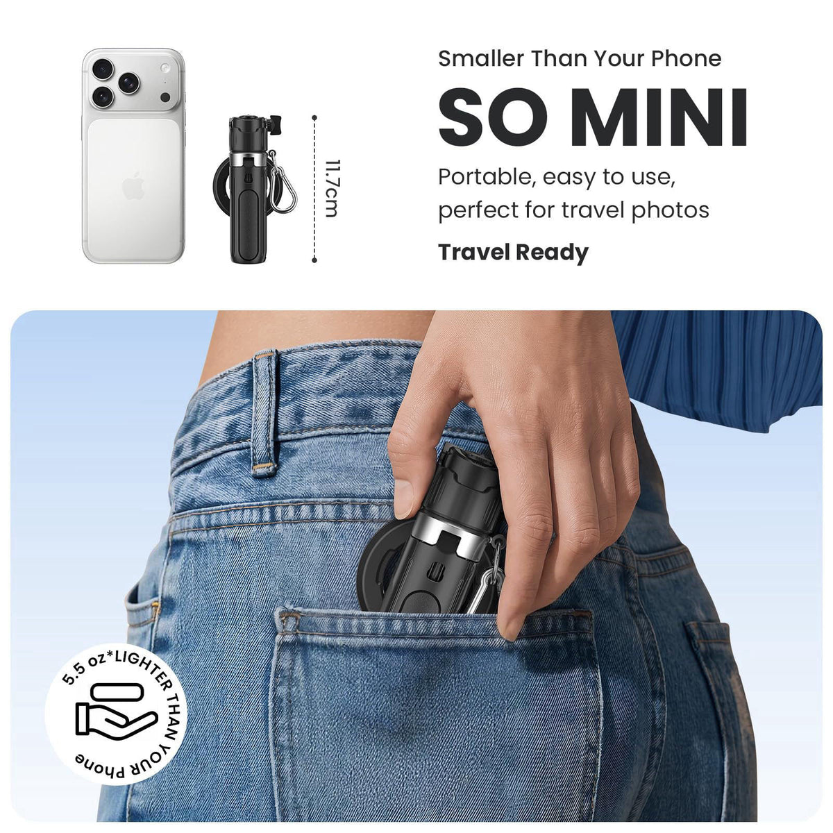 Linber Magnetic Selfie Stick Tripod for iPhone Android, MagSafe, Black – alternate angle