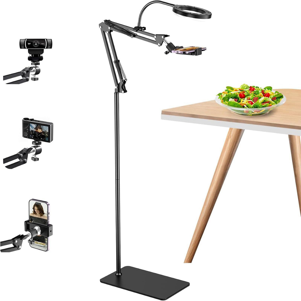 Mionondi Floor Overhead Phone Mount with Dimmable Ring Light for Filming – black