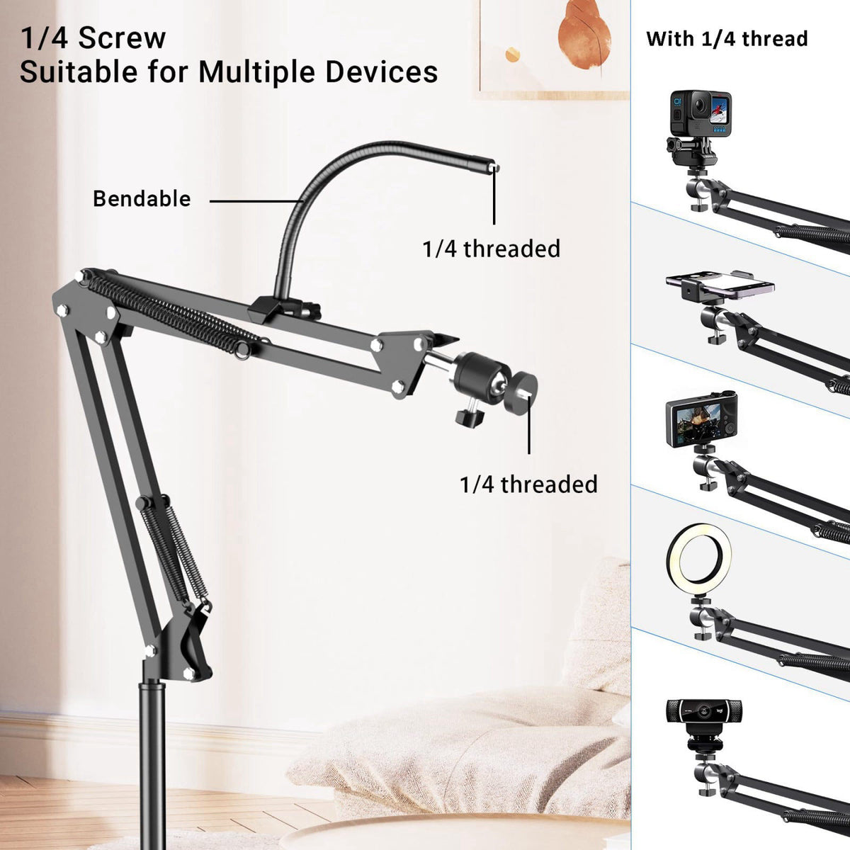 Mionondi Floor Overhead Phone Mount with Dimmable Ring Light for Filming – packaging and label