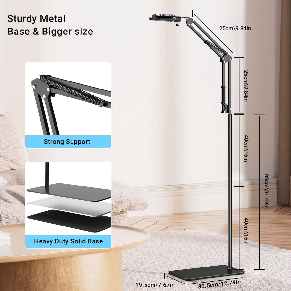Mionondi Floor Overhead Phone Mount with Dimmable Ring Light for Filming – full view