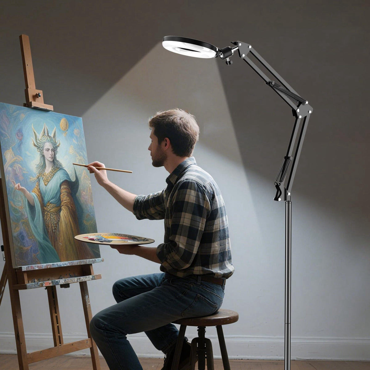 Mionondi Floor Overhead Phone Mount with Dimmable Ring Light for Filming – back view and specifications