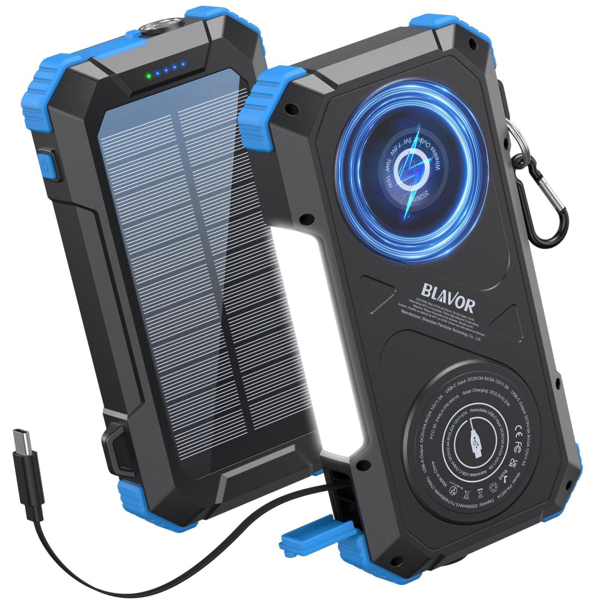 BLAVOR Solar Charge Power Bank Built-in 27.5in Retractable Cable 20000mAh – product photo (Portable Power Banks)