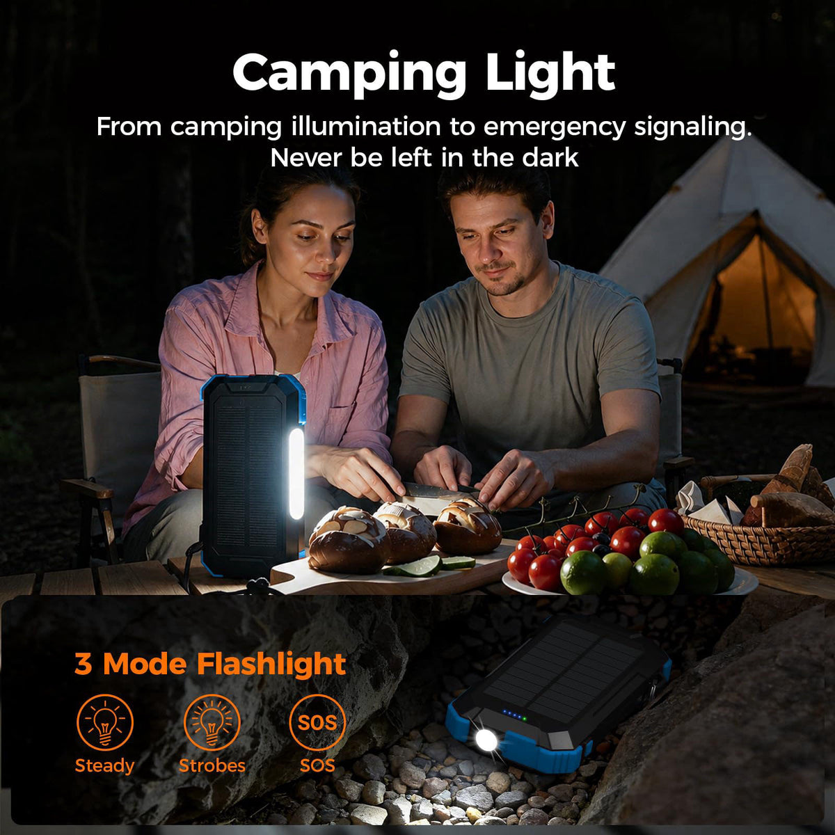 BLAVOR Solar Charge Power Bank Built-in 27.5in Retractable Cable 20000mAh – back view and specifications