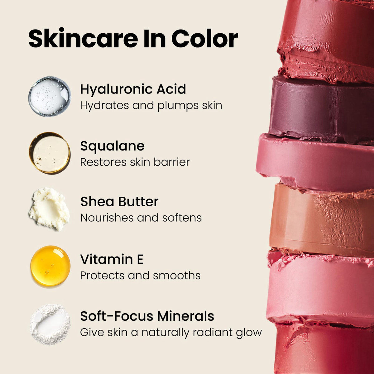 Hush Glow HushGlow® Cream Blush, Buildable Blush Stick, Soft Rose – back view and specifications