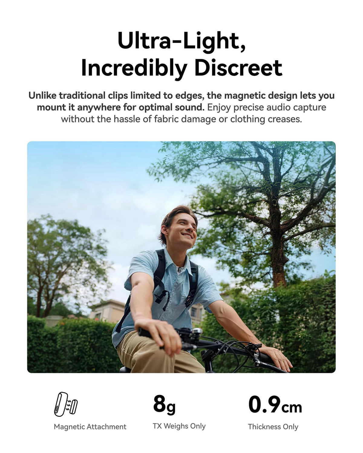 Hollyland LARK A2 Mini Duo(2TX + 1RX) Wireless Microphone, Noise Canceling – back view and specifications