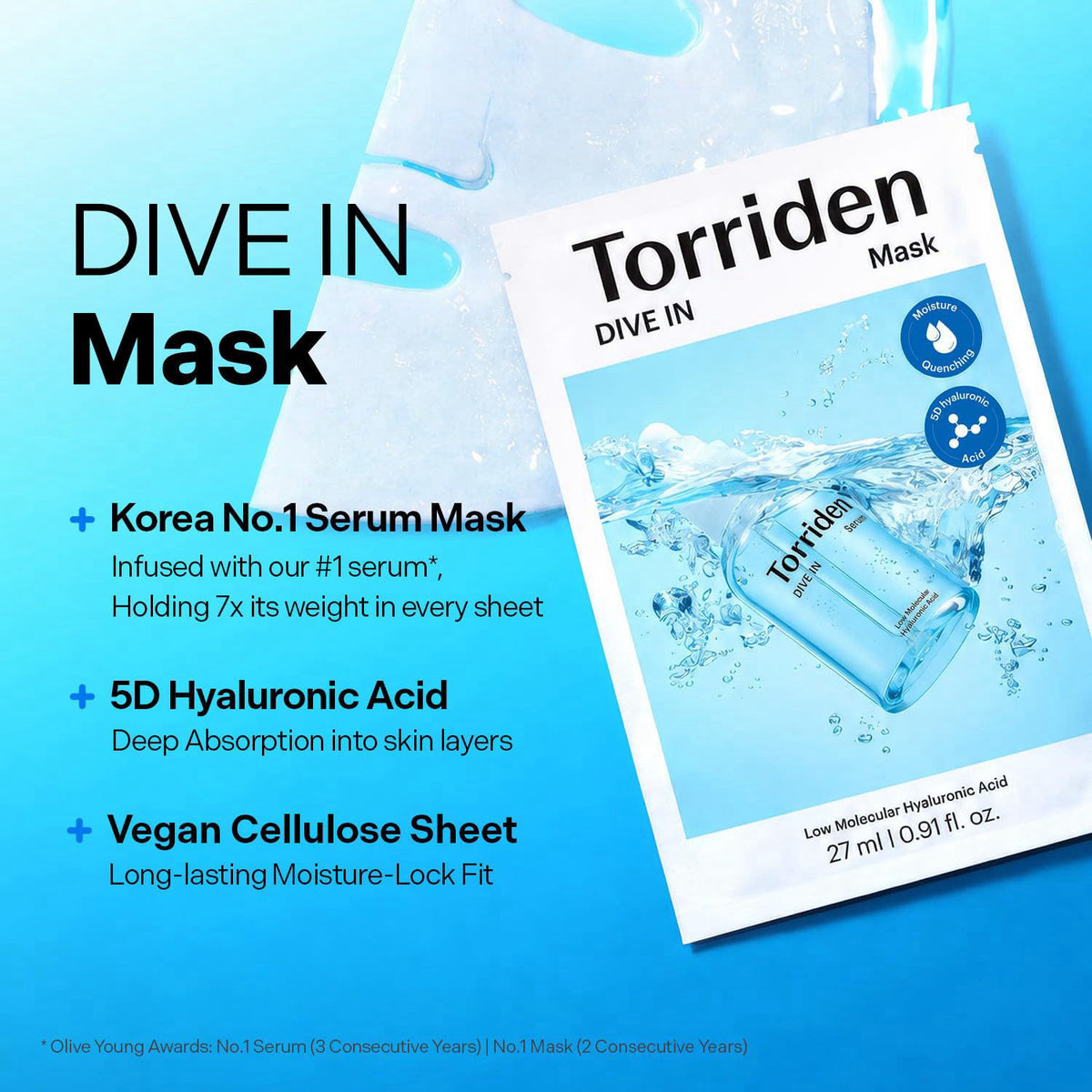 Torriden DIVE IN Hyaluronic Acid Facial Mask (10 sheets) | Deep Hydration Korean Face Sheet Mask | Panthenol & Allantoin