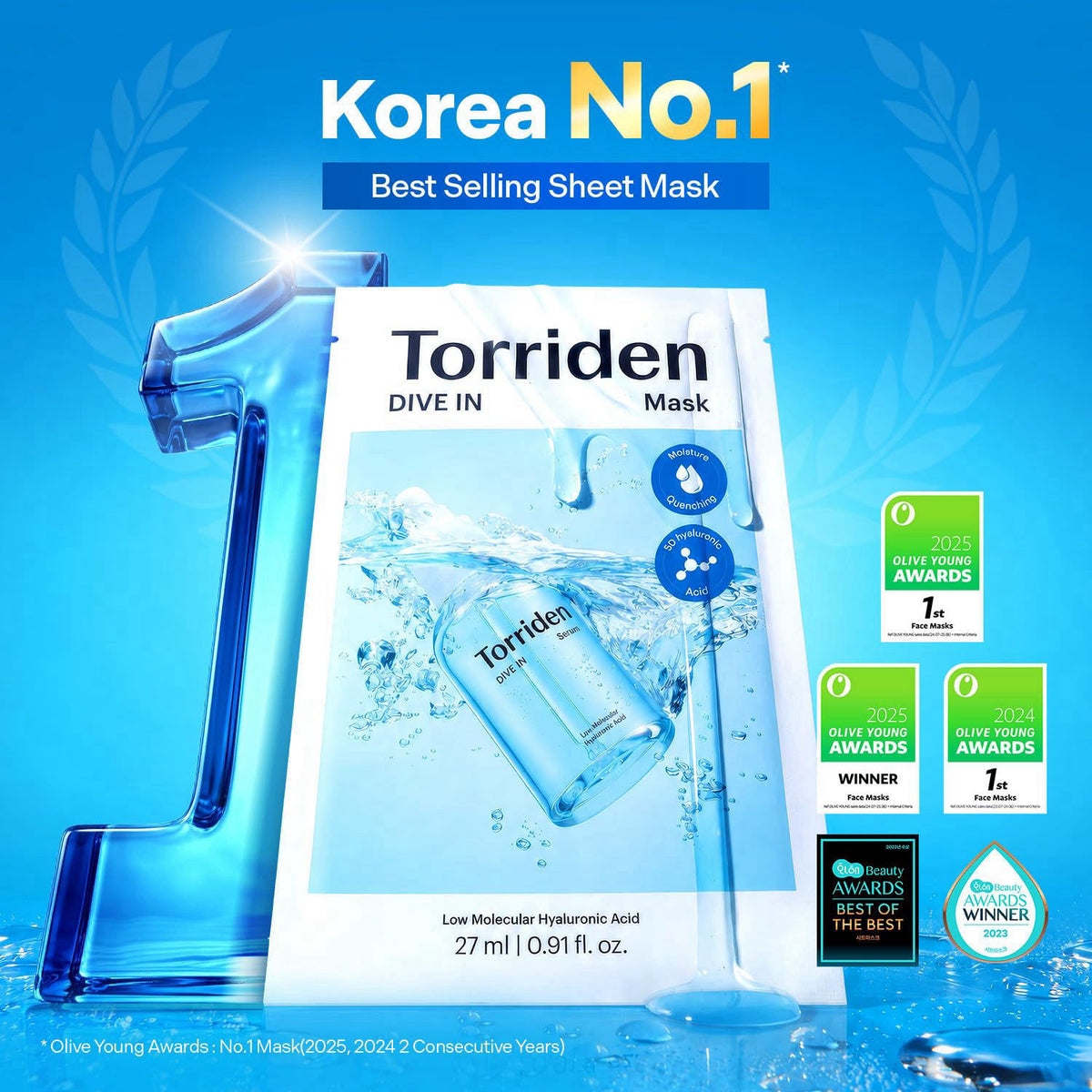 Torriden DIVE IN Hyaluronic Acid Facial Mask (10 sheets) | Deep Hydration Korean Face Sheet Mask | Panthenol & Allantoin