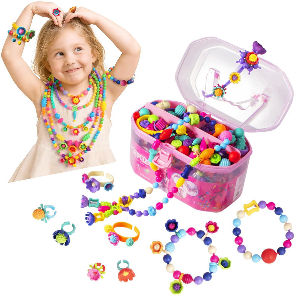 BIRANCO. Pop Beads, Jewelry Making Kit - Arts and Crafts for Girls 3-7 Years Old, Snap Beads Toys - Necklace, Bracelet, 
