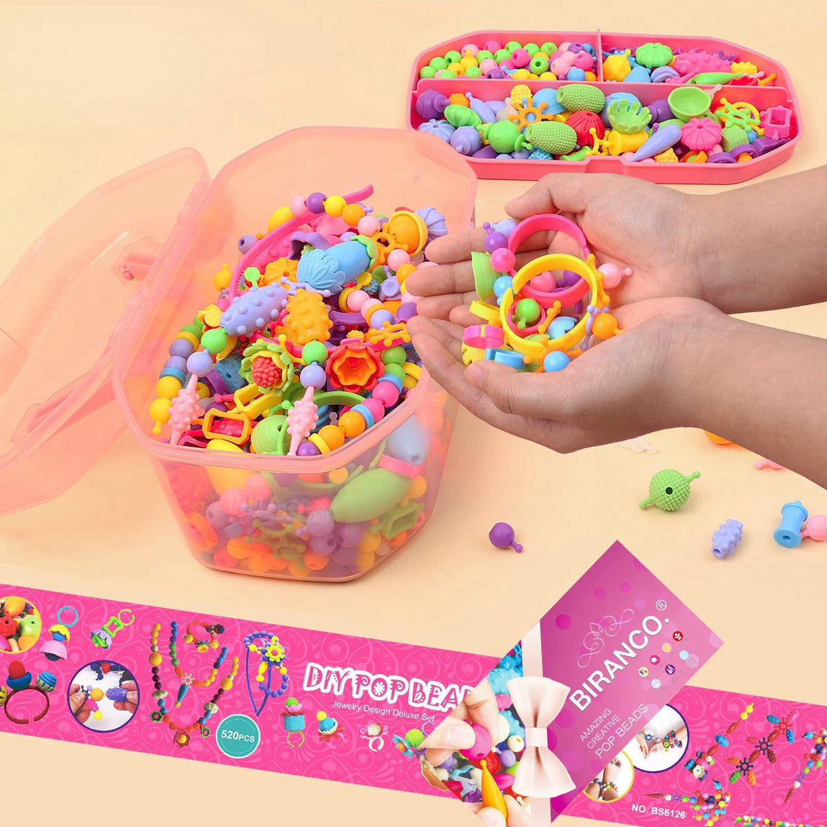 BIRANCO. Pop Beads, Jewelry Making Kit - Arts and Crafts for Girls 3-7 Years Old, Snap Beads Toys - Necklace, Bracelet, 