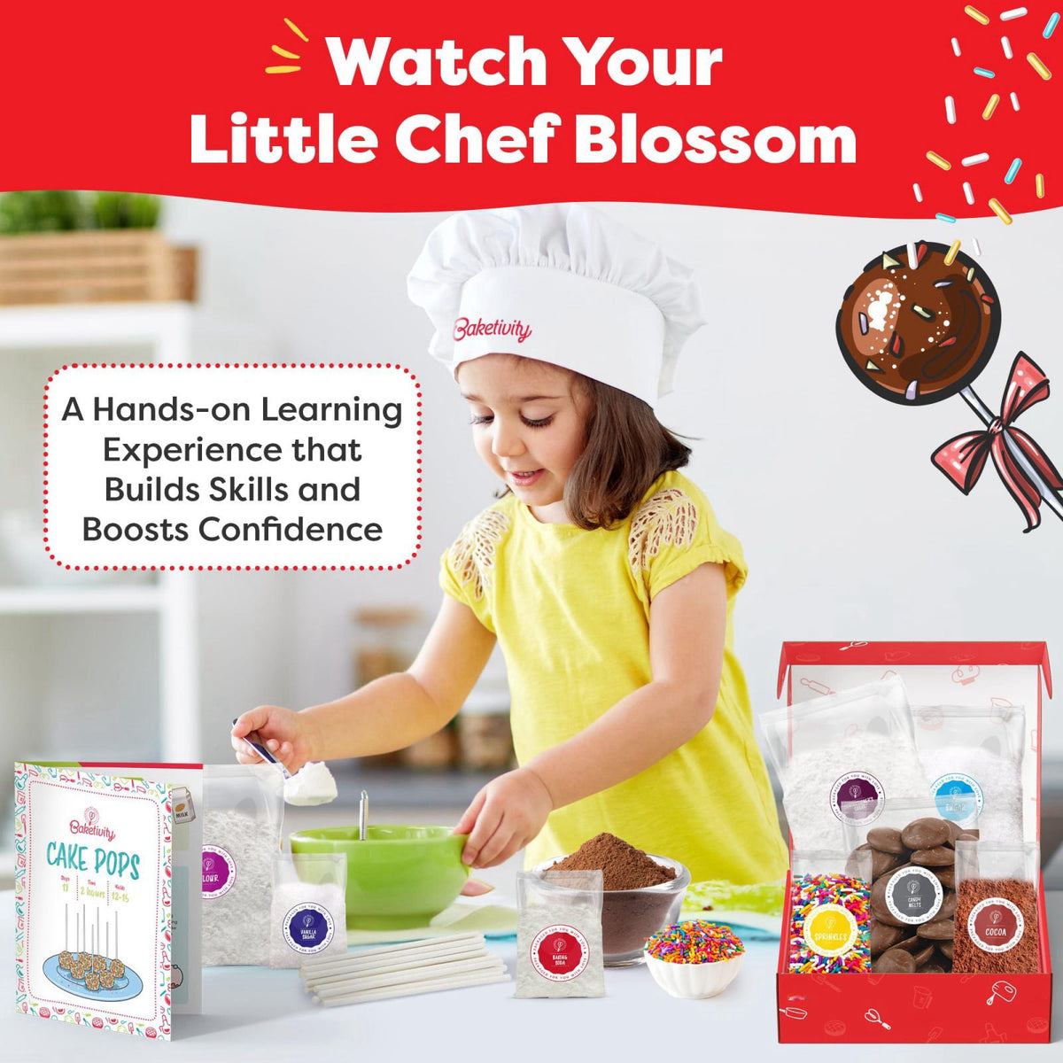 Baketivity DIY Cake Pop Kids Baking Kit with Pre-Measured Ingredients – full view, size Delicious Cake Pops