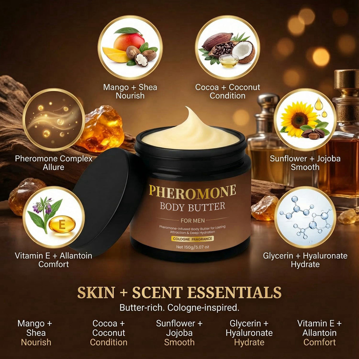 SDUQULK Pheromone Body Butter for Men, Cologned Fragrance Skin Body Cream – with Shea Butter, Cocoa Butter, Coconut Oil 