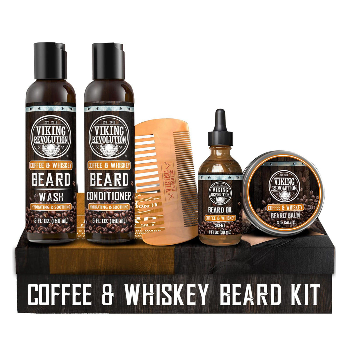 Viking Revolution Beard Conditioning Kit-CoffeeWhiskey, 5 Products Included – close-up detail