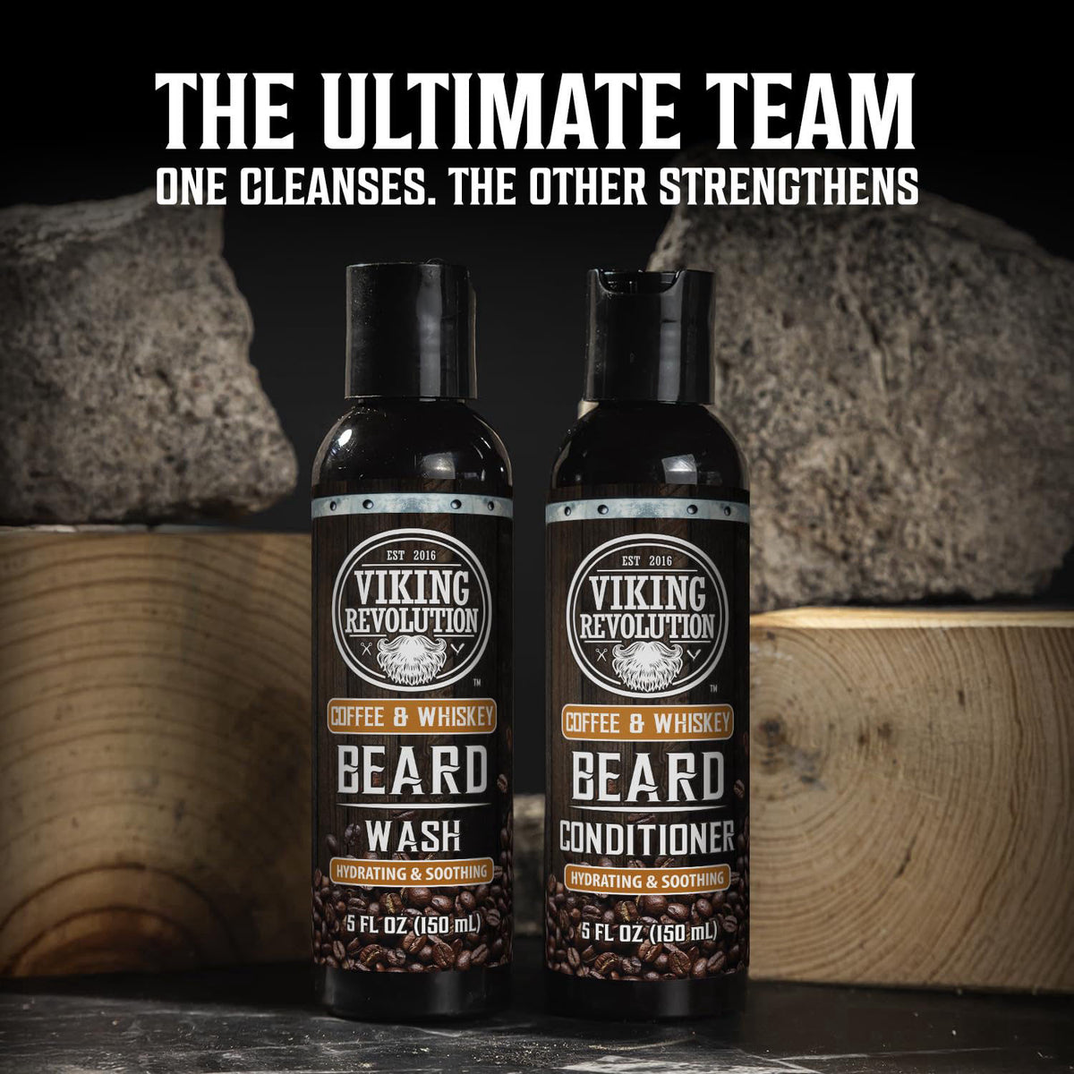 Viking Revolution Beard Conditioning Kit-CoffeeWhiskey, 5 Products Included – packaging and label