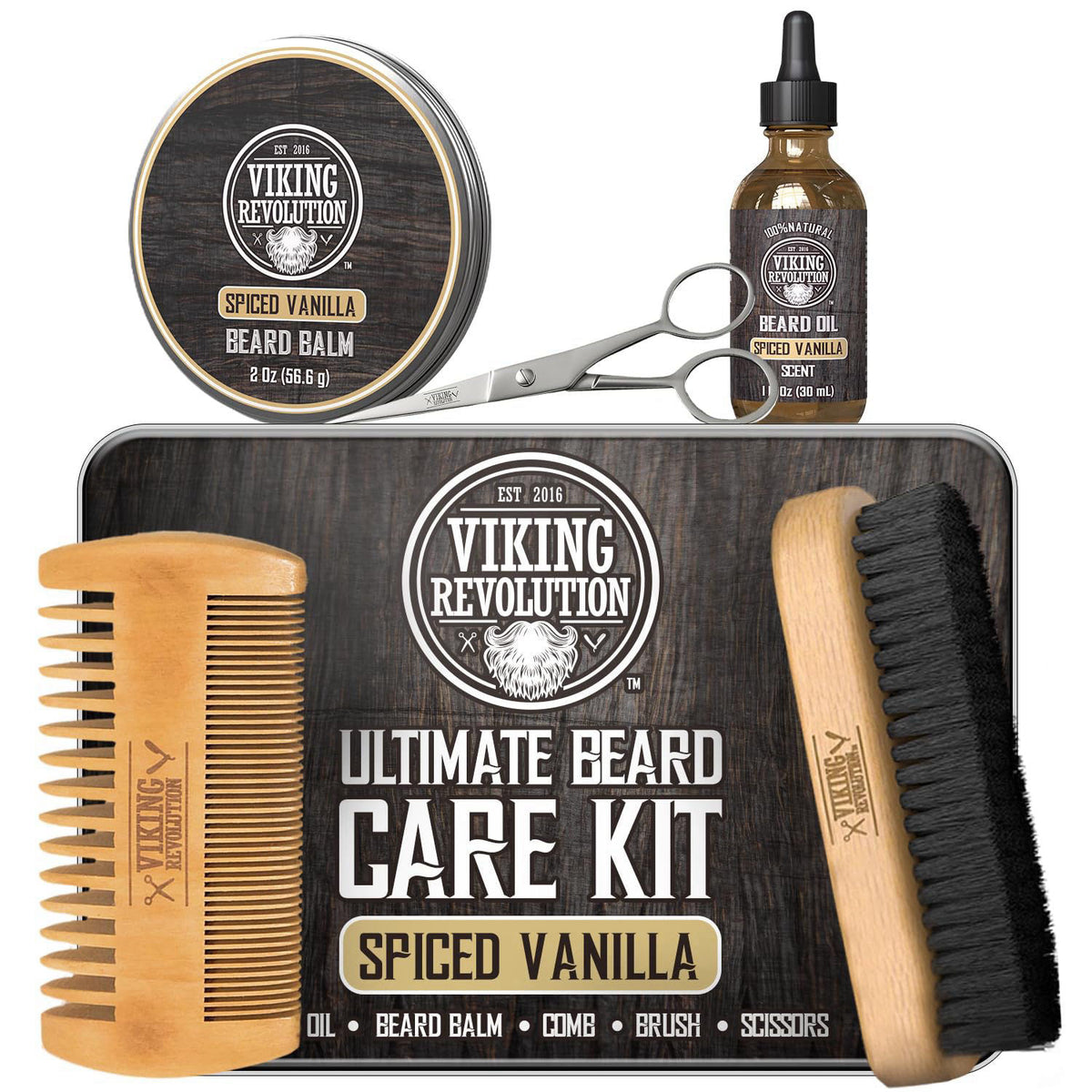 Viking Revolution - Ultimate Beard Kit Spiced Vanilla - Beard Grooming Kit for Men with Beard Brush, Beard Comb, Beard B