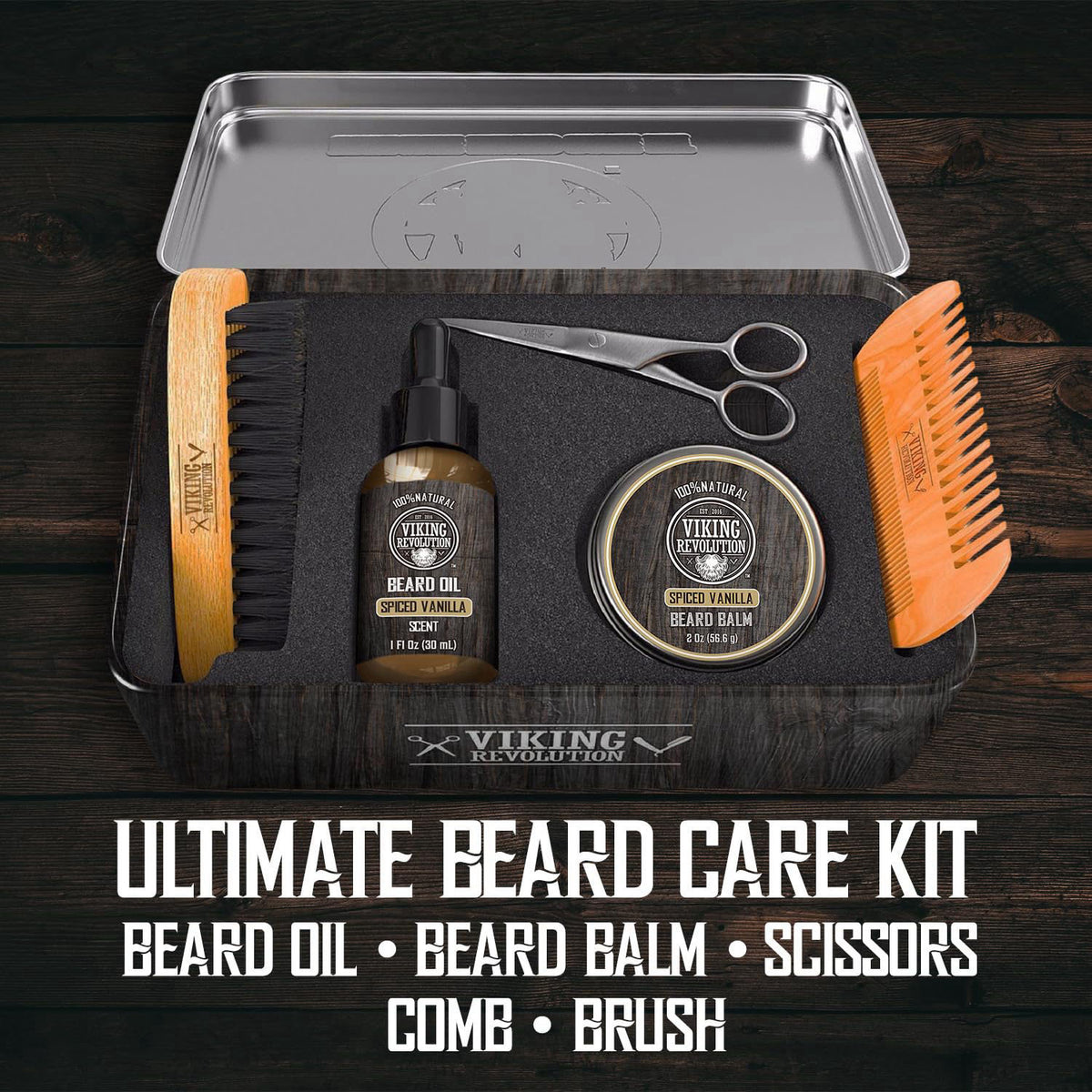 Viking Revolution - Ultimate Beard Kit Spiced Vanilla - Beard Grooming Kit for Men with Beard Brush, Beard Comb, Beard B