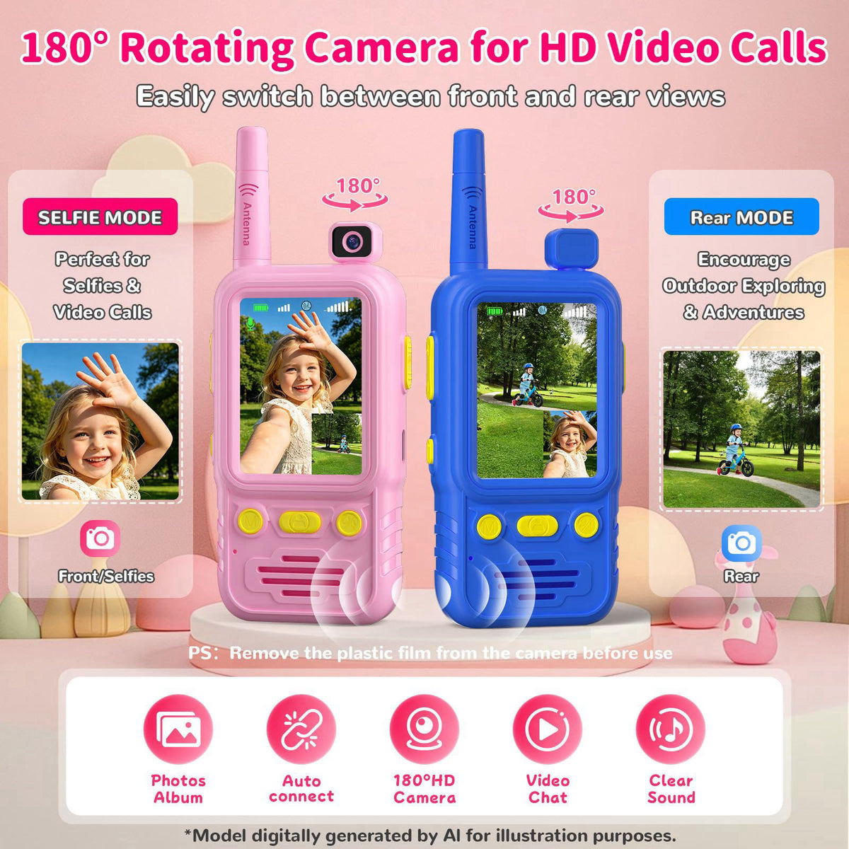 Jollyocean Video Walkie Talkies for Kids with 180° Rotating Camera Toys for Boys Girls – packaging and label