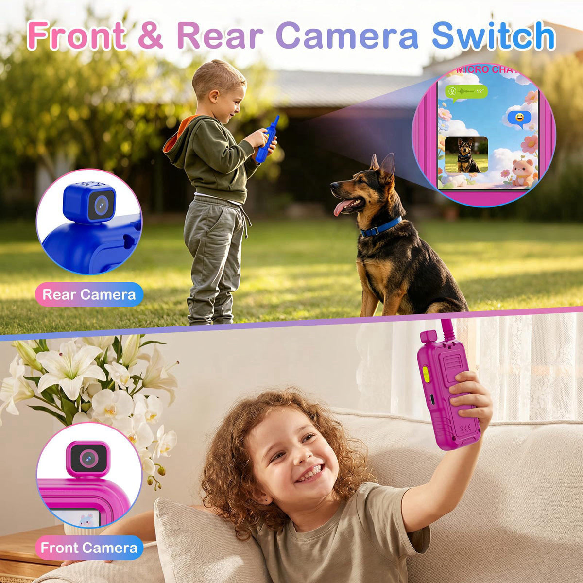 Zardali Video Walkie Talkies for Kids, 2-Way Video & Voice Chat, Rotating Dual Camera, Micro Chat with Voice, Emojis & P