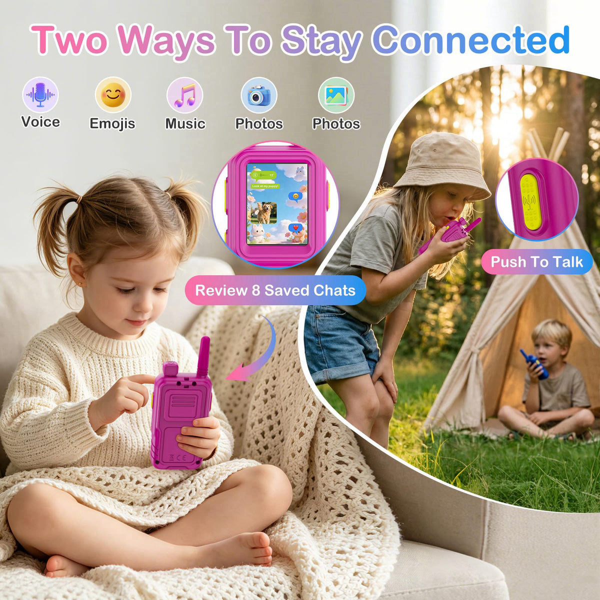 Zardali Video Walkie Talkies for Kids, 2-Way Video & Voice Chat, Rotating Dual Camera, Micro Chat with Voice, Emojis & P