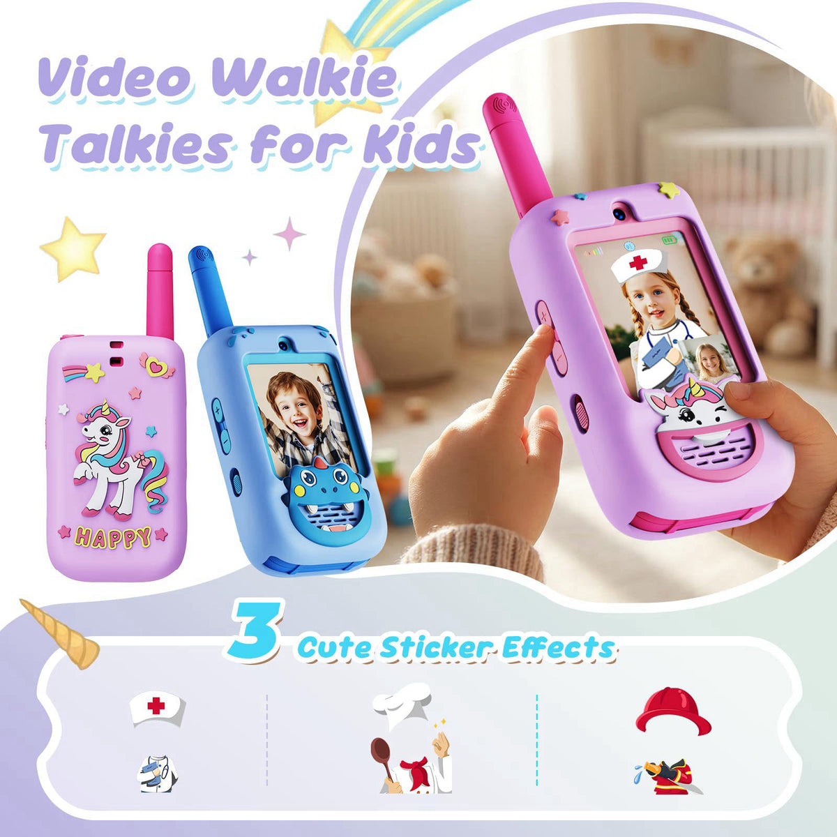 BOFIDAR Video Walkie Talkies for Kids, 2 Pack HD Camera Long Range Two Way Radios – back view and specifications
