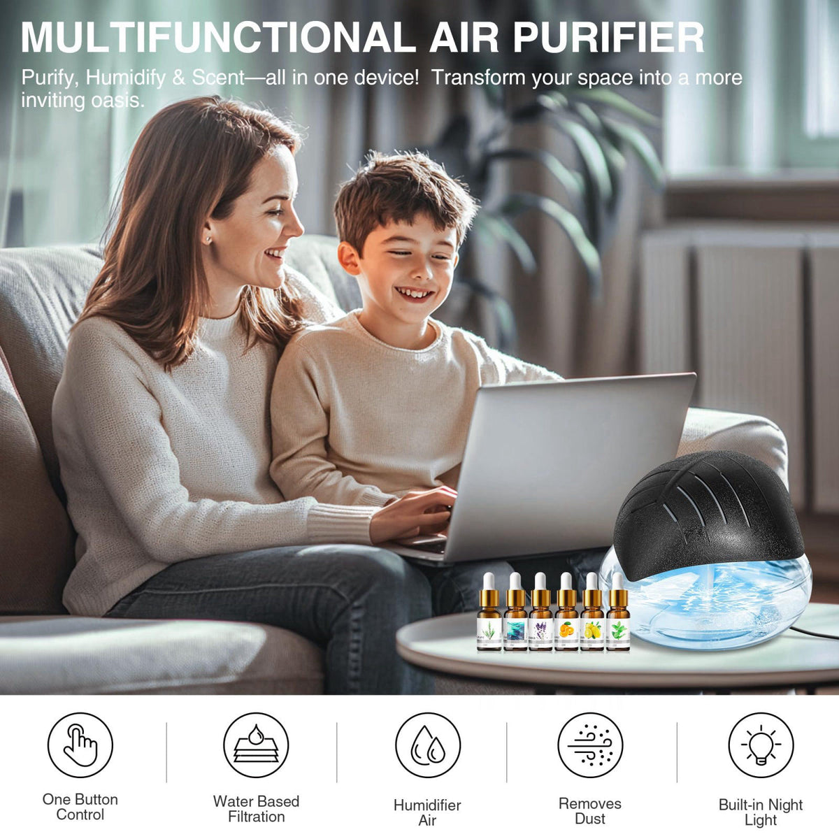 RetroStick Water Air Purifier for Home with Essential Oil Diffuser & Humidifier, Rainbow Air Washer with LED Mood Light-