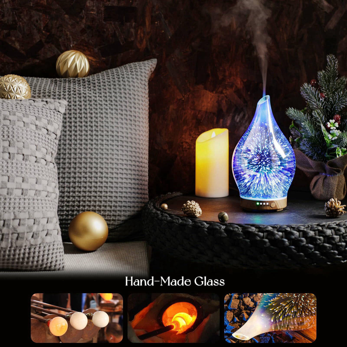 Porseme Essential Oil Diffuser 150ml Handmade Glass Diffuser 6H Runtime – back view and specifications