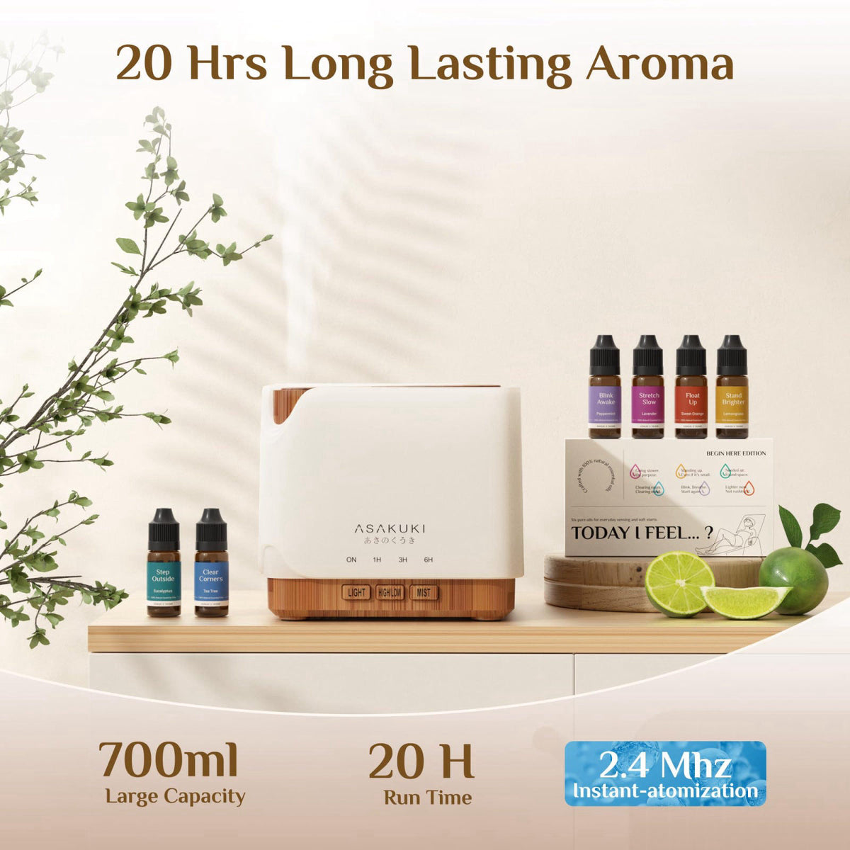 ASAKUKI Essential Oil Diffuser for Home with Top 6 Essential Oil Sets Large 700 ml Humidifier, Automatic Shut-Off, 7 LED