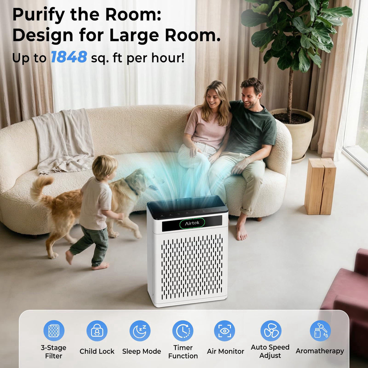 Airtok Air Purifiers for Home Large Room Up to 1848sq.ft, HEPA Air Purifier for Bedroom, Pet Hair Air Cleaner with Washa