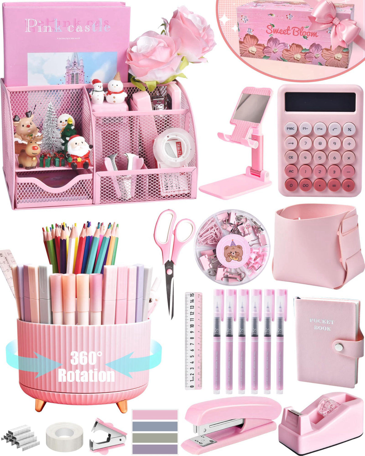 LXEVIHK Pink Desk Accessories 21-Piece Office Supplies Gift Set for Women – product photo (Supply Organizers)