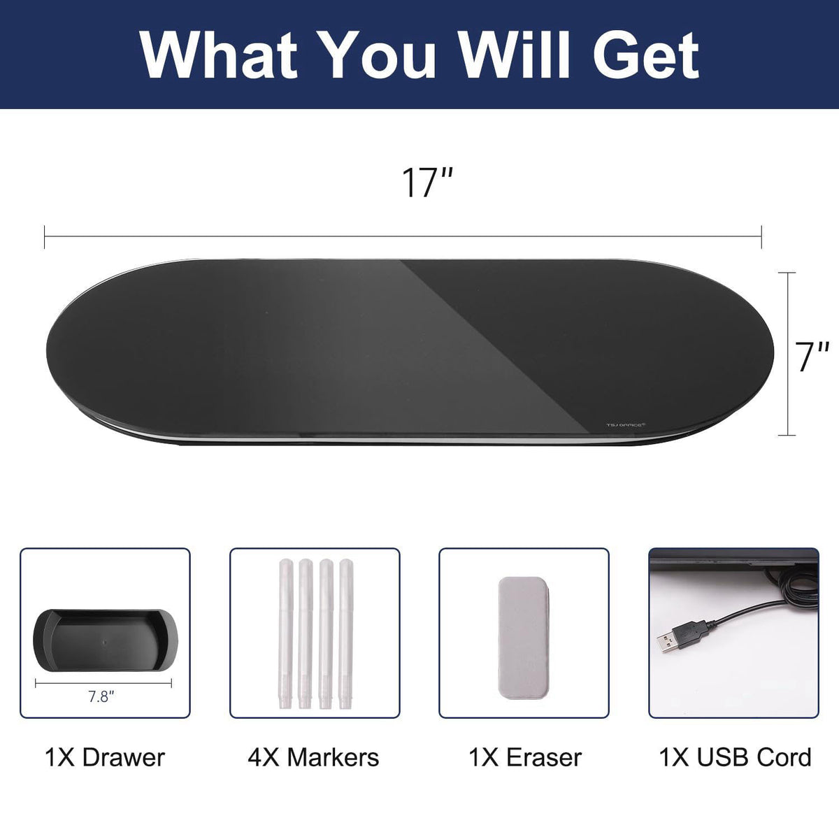 TSJ OFFICE Glass Desktop Whiteboard - 17 X 7 Inches Black Board Pink Light – close-up detail in Silver Silver Gold Black