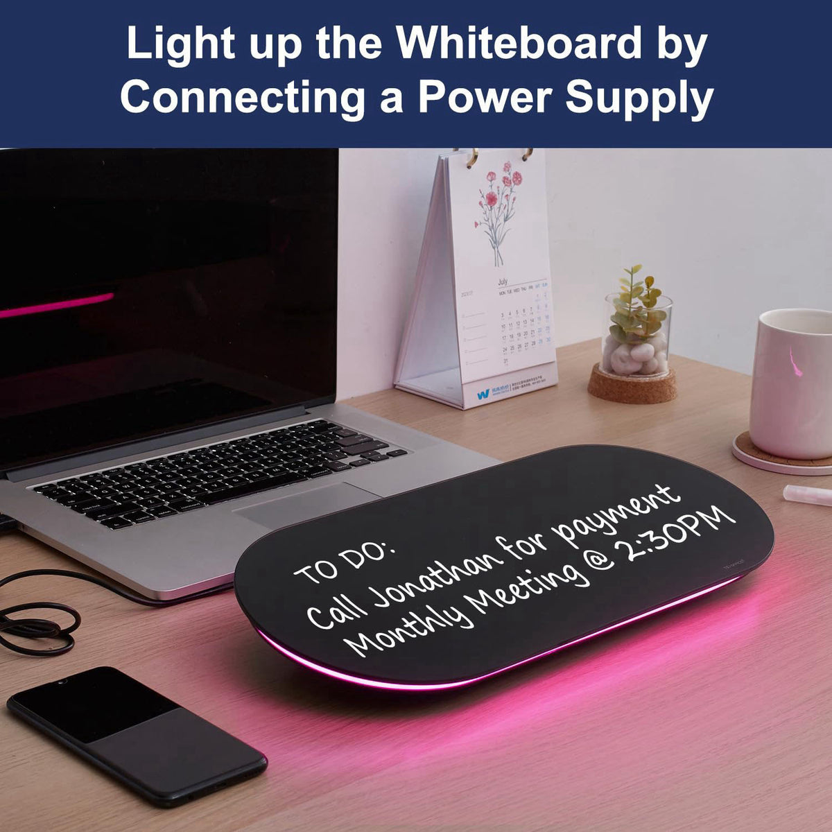 TSJ OFFICE Glass Desktop Whiteboard - 17 X 7 Inches Black Board Pink Light – back view and specifications