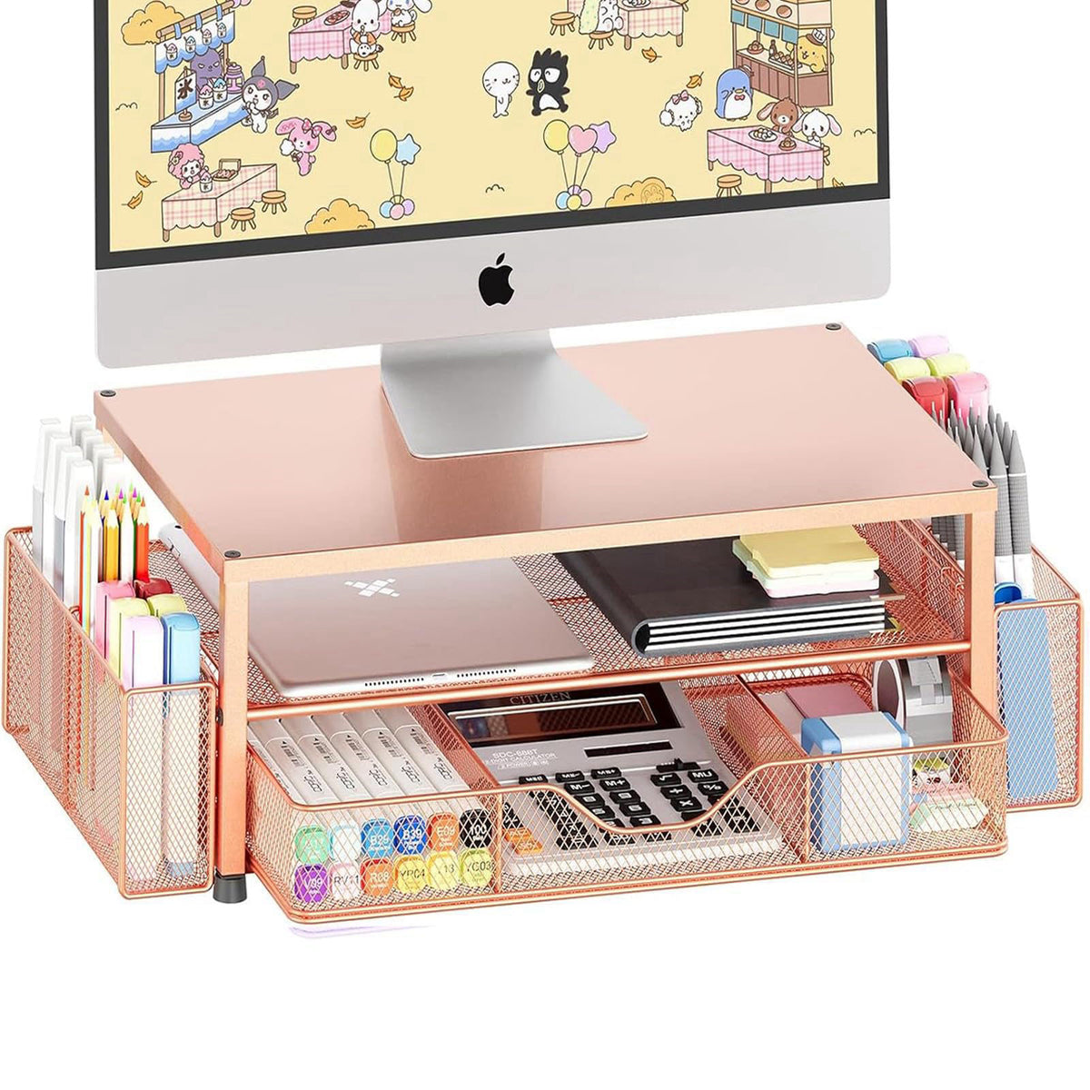 OPNICE Desk Organizer and Accessories, 2-Tier Computer Monitor Stand Riser with Drawer and 2 Pen Holders, Laptop Stand, 