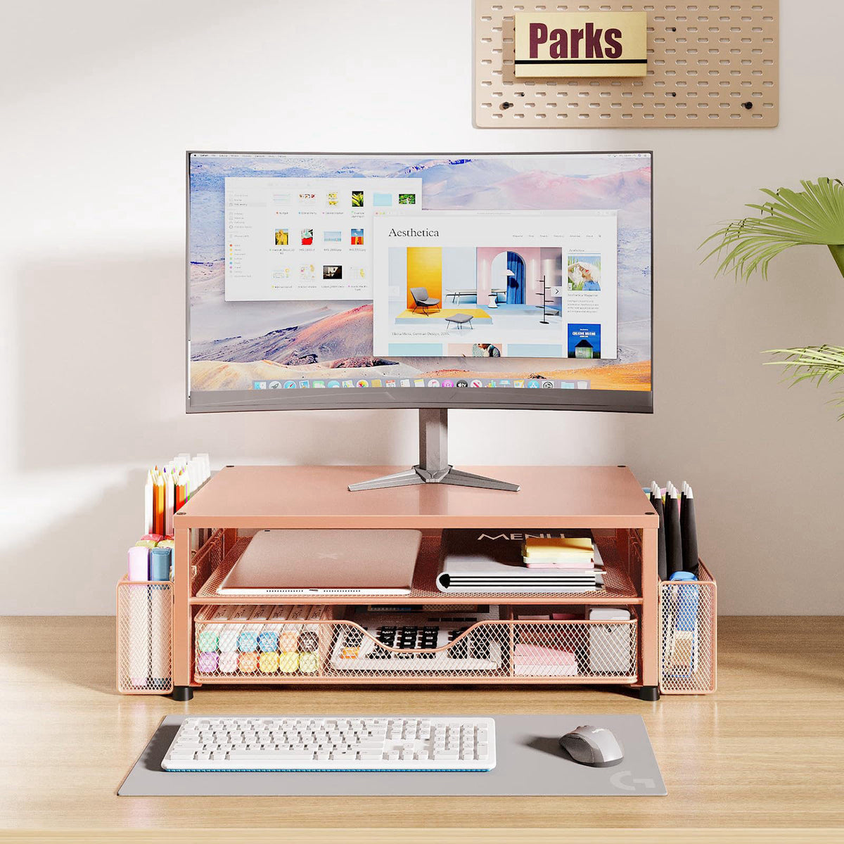 OPNICE Desk Organizer and Accessories, 2-Tier Computer Monitor Stand Riser with Drawer and 2 Pen Holders, Laptop Stand, 