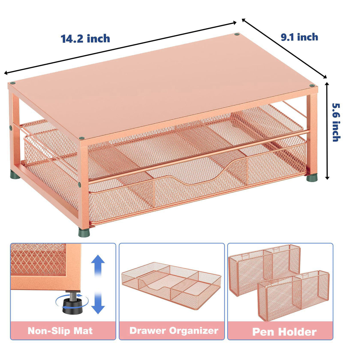 OPNICE Desk Organizer and Accessories, 2-Tier Computer Monitor Stand Riser with Drawer and 2 Pen Holders, Laptop Stand, 