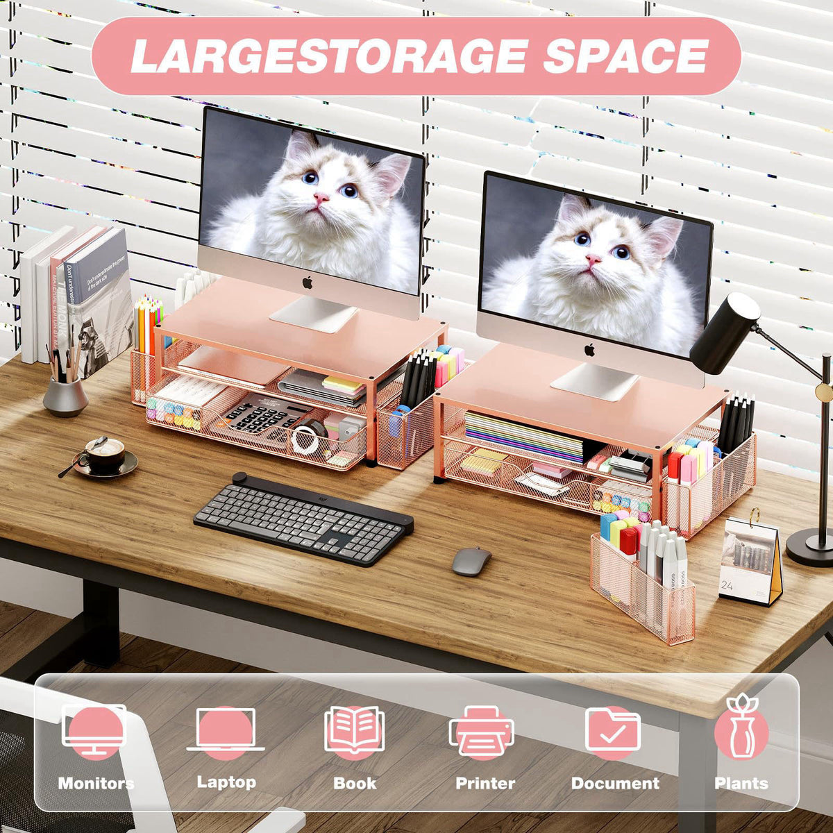 OPNICE Desk Organizer and Accessories, 2-Tier Computer Monitor Stand Riser with Drawer and 2 Pen Holders, Laptop Stand, 
