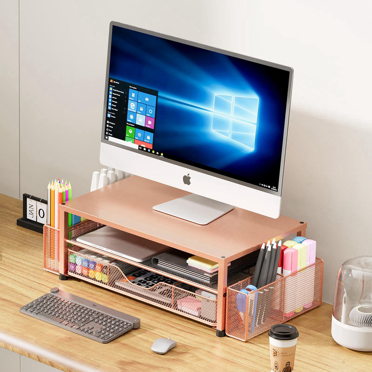 OPNICE Desk Organizer and Accessories, 2-Tier Computer Monitor Stand Riser with Drawer and 2 Pen Holders, Laptop Stand, 