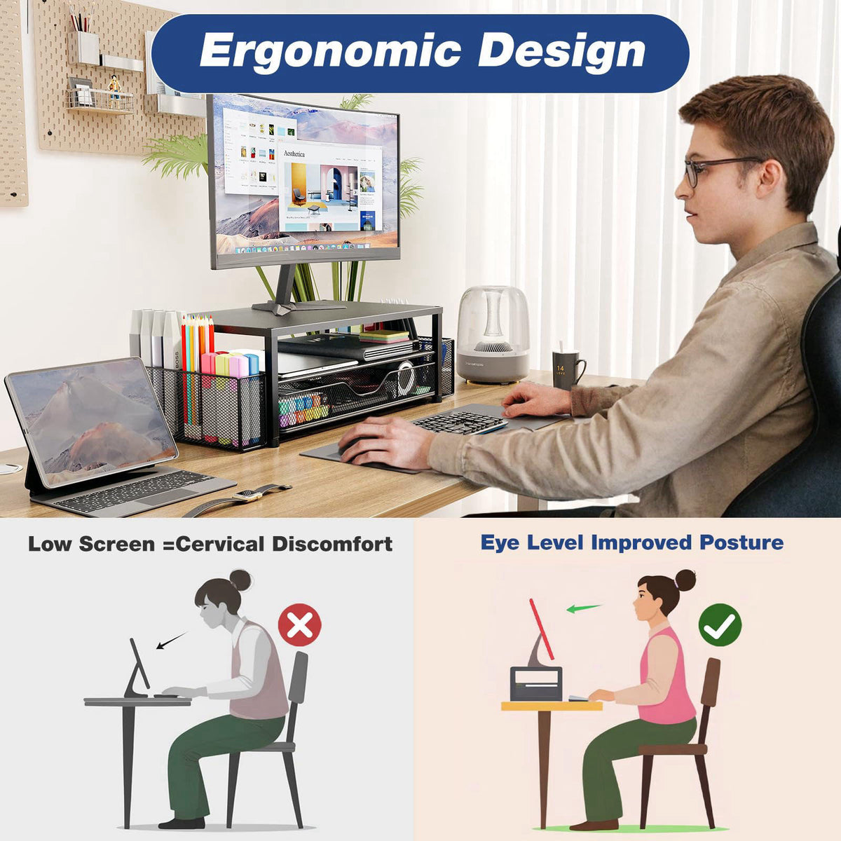 OPNICE Desk Organizer and Accessories, 2-Tier Computer Monitor Stand Riser with Drawer and 2 Pen Holders, Laptop Stand, 