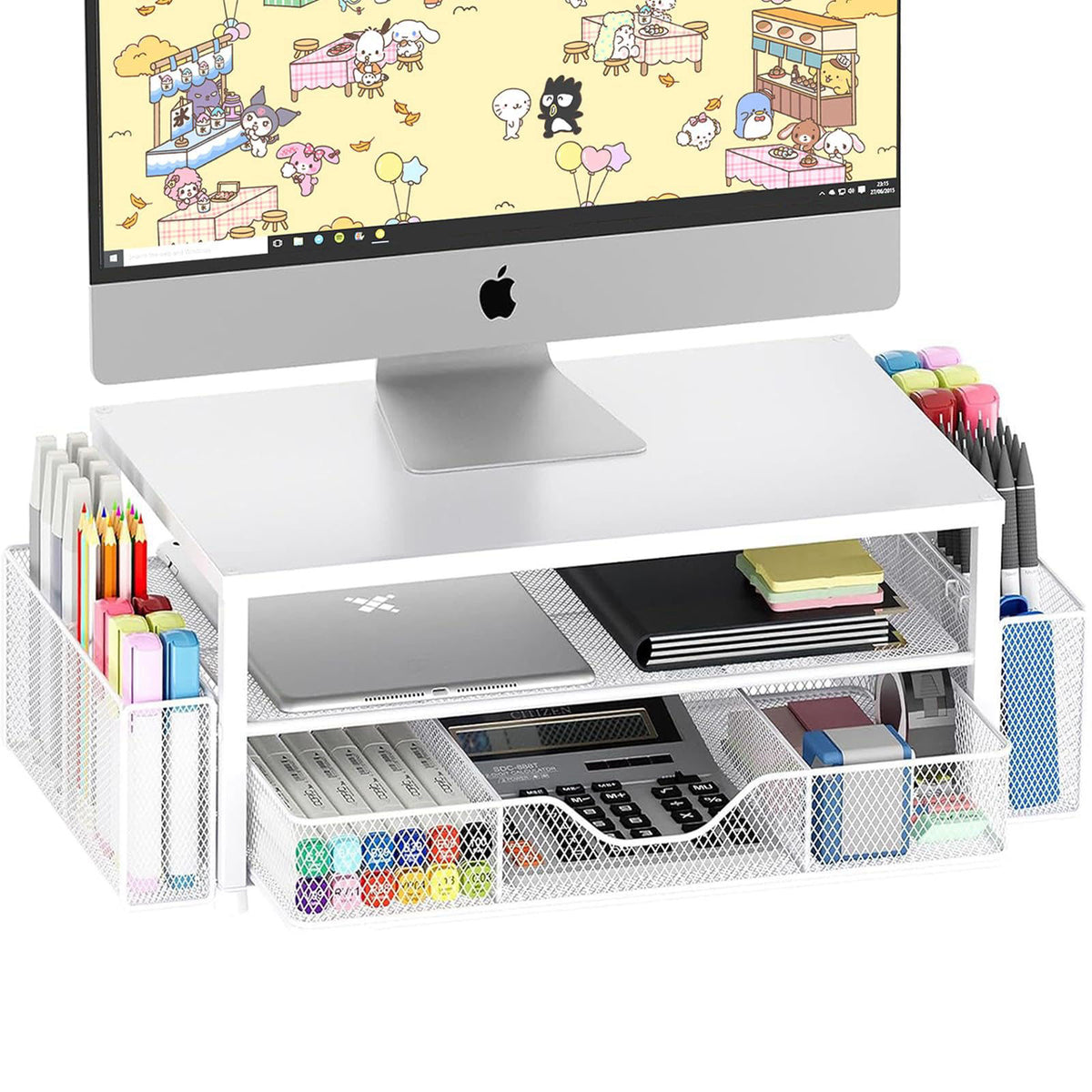 OPNICE Desk Organizer and Accessories, 2-Tier Computer Monitor Stand Riser with Drawer and 2 Pen Holders, Laptop Stand, 