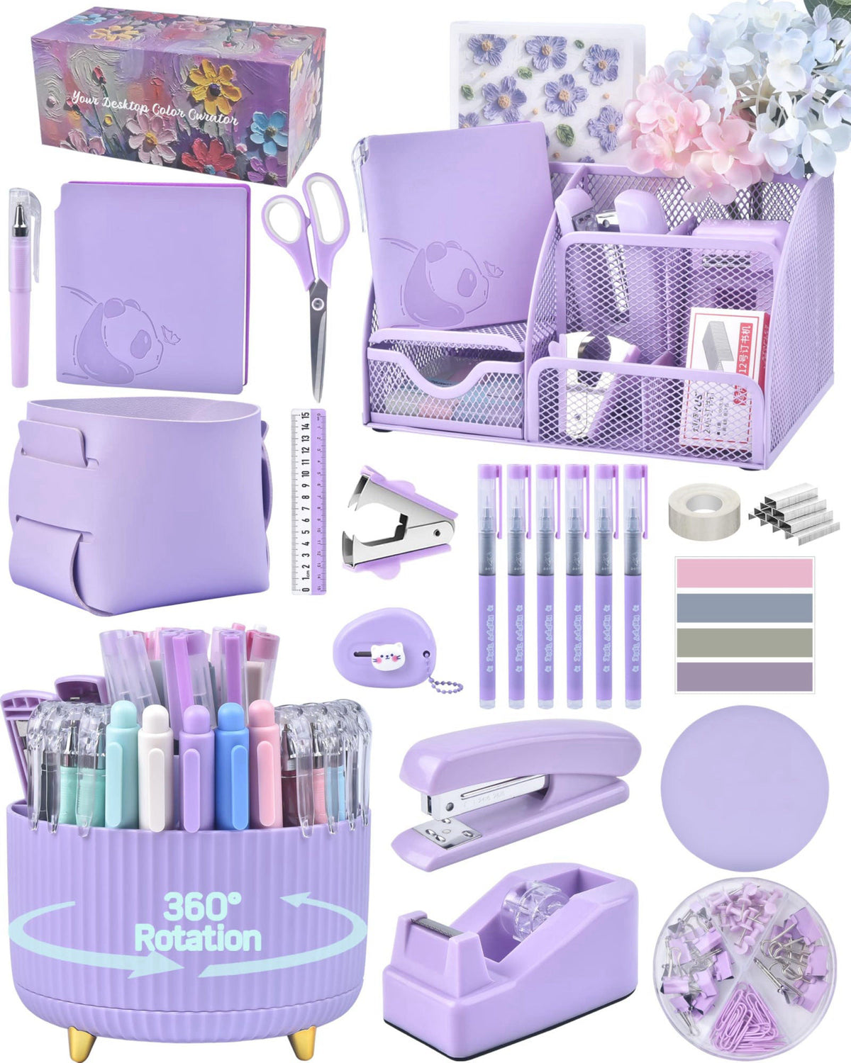 Vamrak Purple Desk Accessories and Organizers with Desk Organizer and 360°Rotating Pen Holder stapler Pen and a Lot of O
